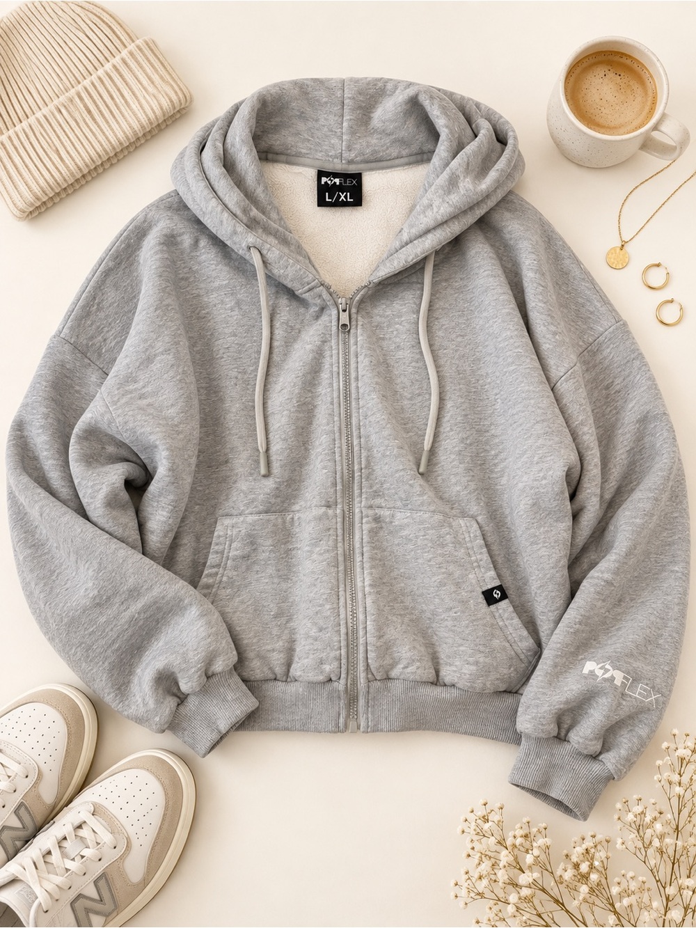 POPFLEX Zip Cloud Hoodie Heather Gray L/XL Oversized Fleece Full Zip